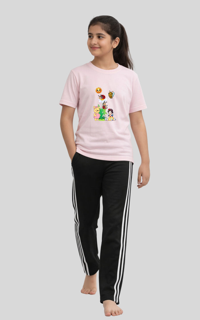 Girls Pink Printed T-Shirt with Black Stripe Trouser - Hinz Clothing