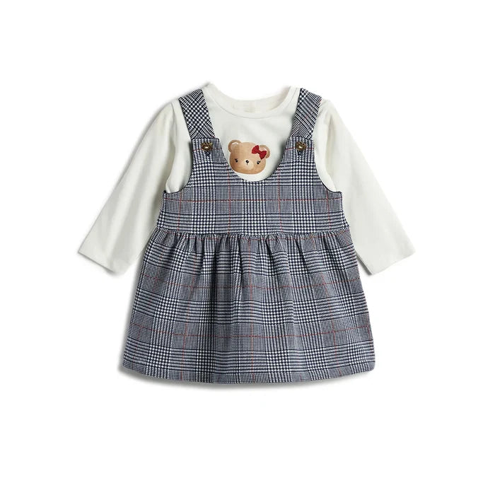 Girls White Printed T-shirt with Skirt Dungaree