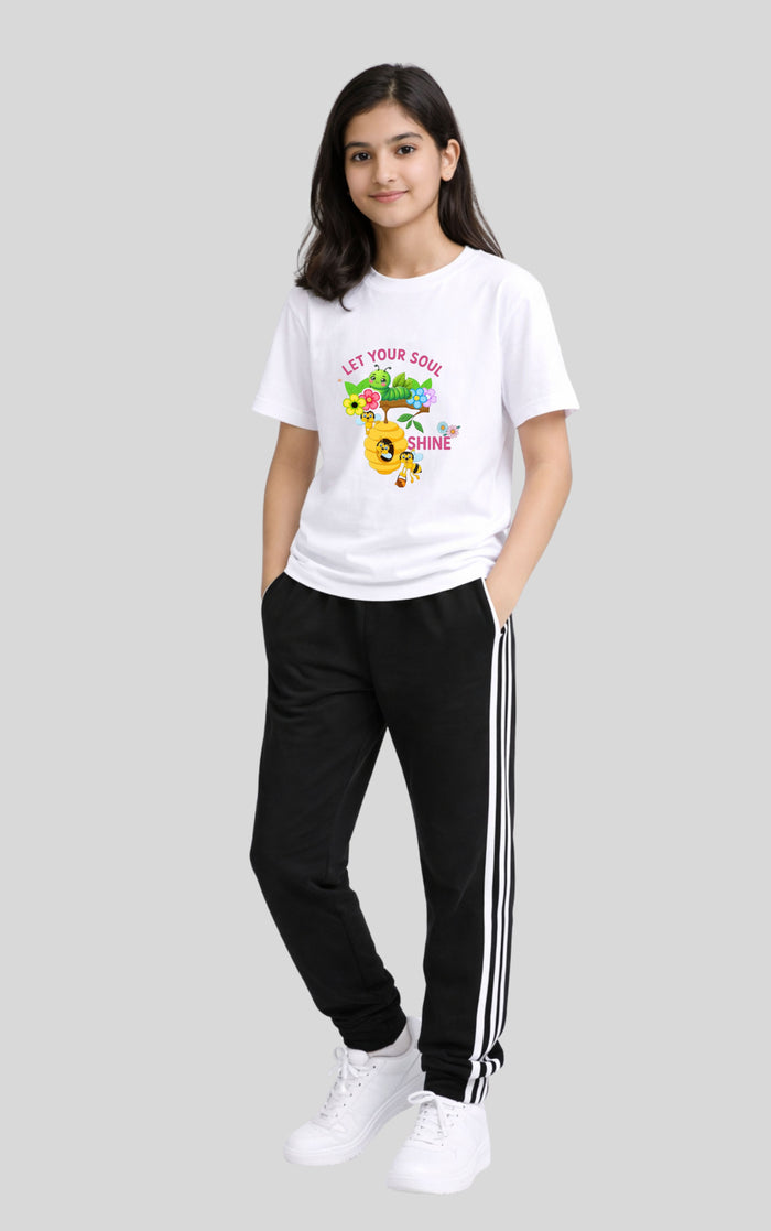 Girls Printed White T-Shirt with Black Stripe Trouser - Hinz Clothing