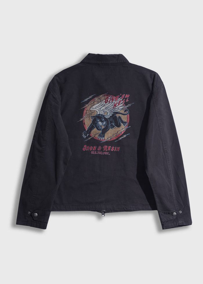 Black jacket with a winged panther and "Give 'Em Hell" text on the back. "Iron & Resin" branding below the design.