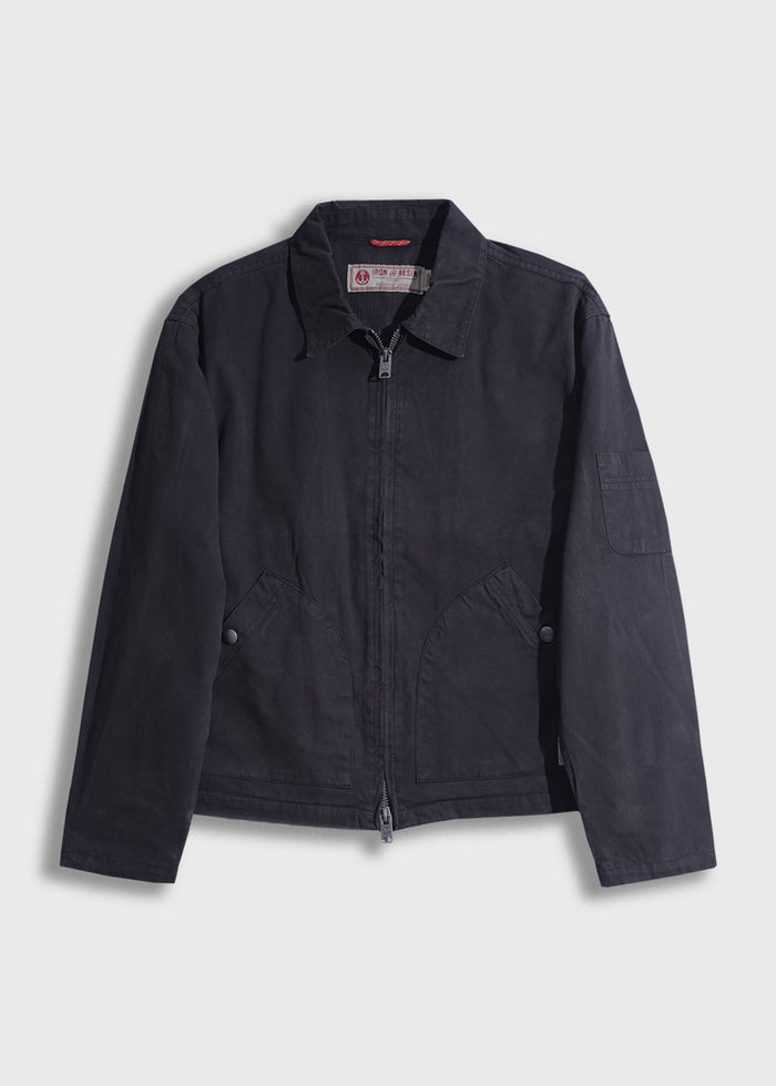 Dark blue jacket with a collar and front zipper, featuring two front pockets. Simple, classic design on a plain background.