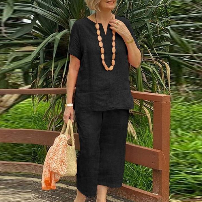 Glynia - Ensemble Femme Coton Lin Deux Pièces Col V et Pantalon Fluide