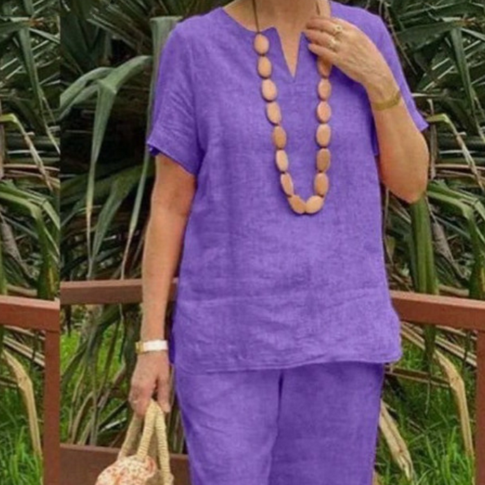 Glynia - Ensemble Femme Coton Lin Deux Pièces Col V et Pantalon Fluide