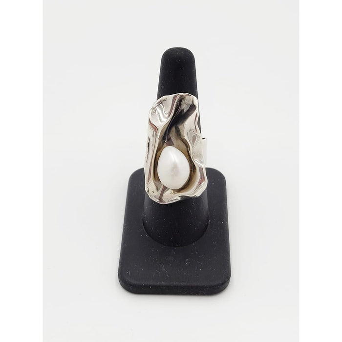 Sterling Ring Jewelry Vintage Sterling Silver & Pearl Large Bold Abstract Modernist Cocktail Ring