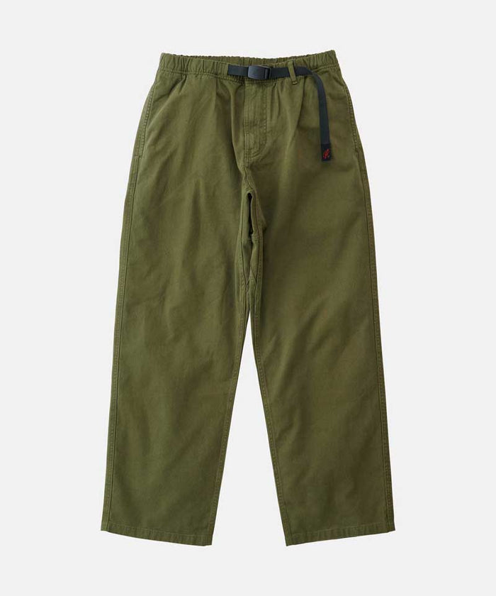 Olive colored Gramicci Pant Straight Fit with a belt against a light-tone background.