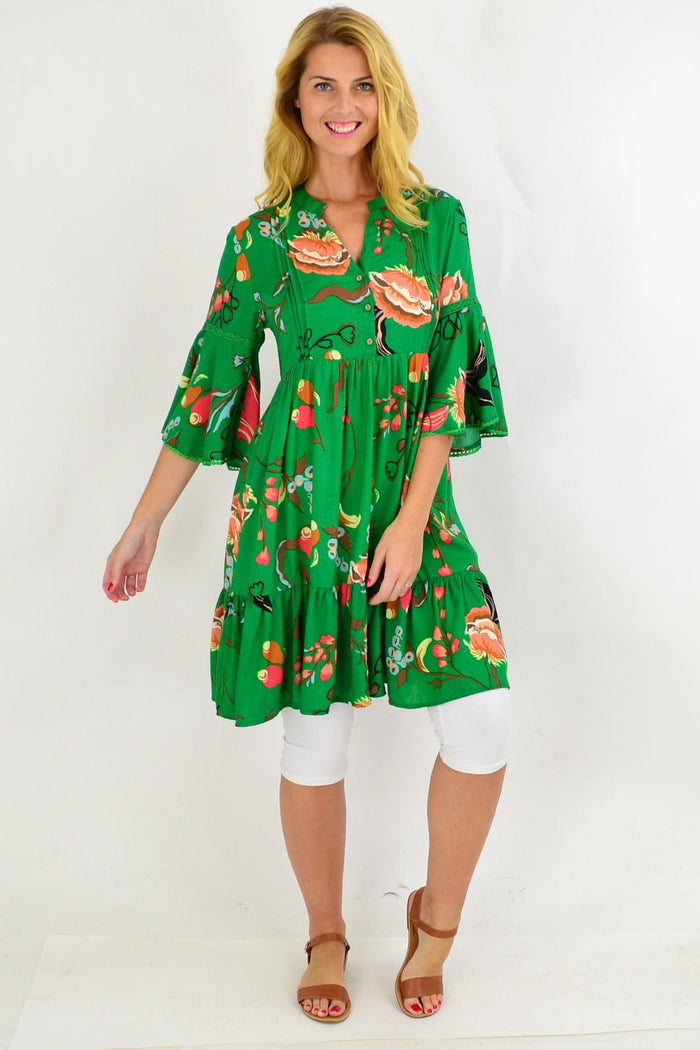 Green Willow Tree Betty bell sleeve tunic dress with a relaxed fit, featuring bell sleeves and a casual, comfortable style.