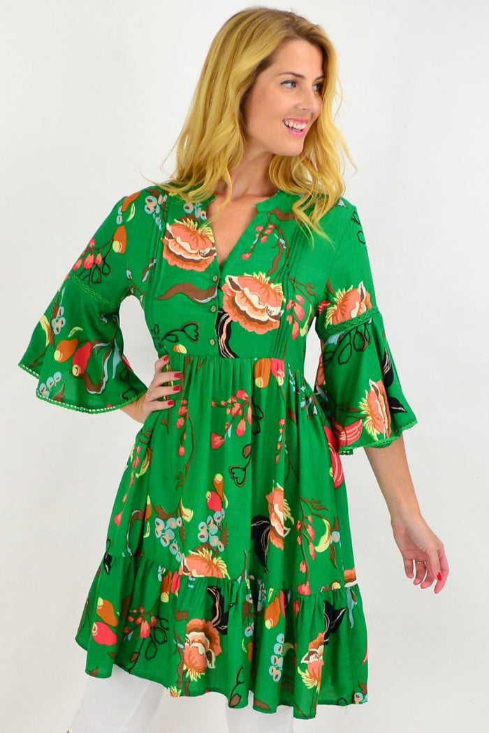 Green Betty Bell Sleeve Tunic Dress by Willow Tree, featuring a relaxed fit with bell sleeves and a vibrant green color.