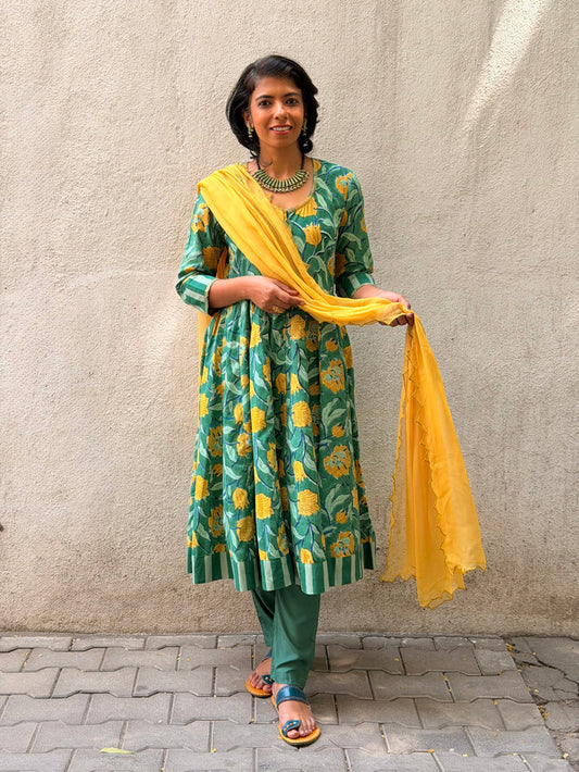 Green Floral Cotton Kalidar Set