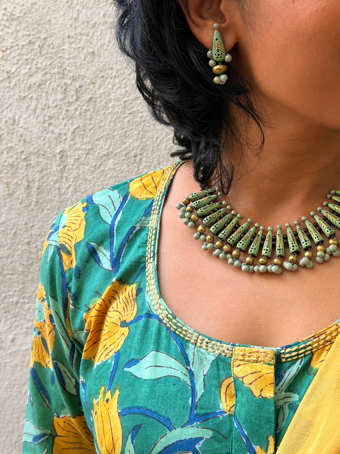 Green Floral Cotton Kalidar Set