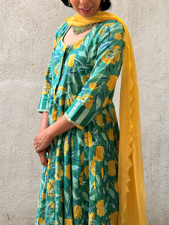 Green Floral Cotton Kalidar Set