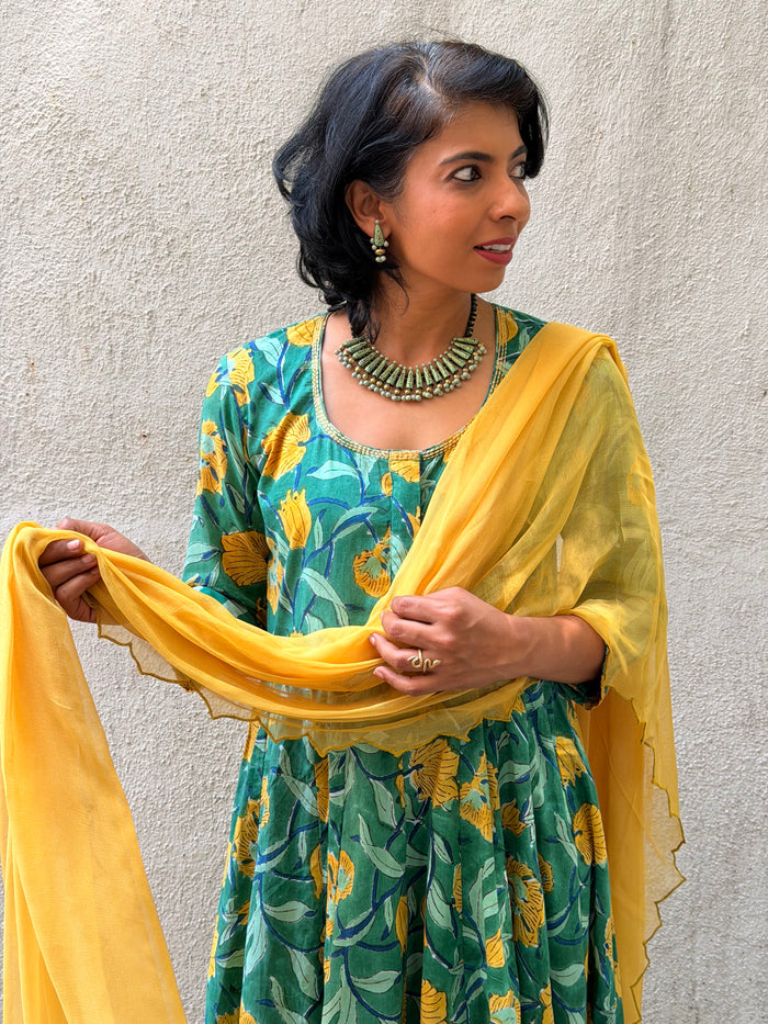 Green Floral Cotton Kalidar Set