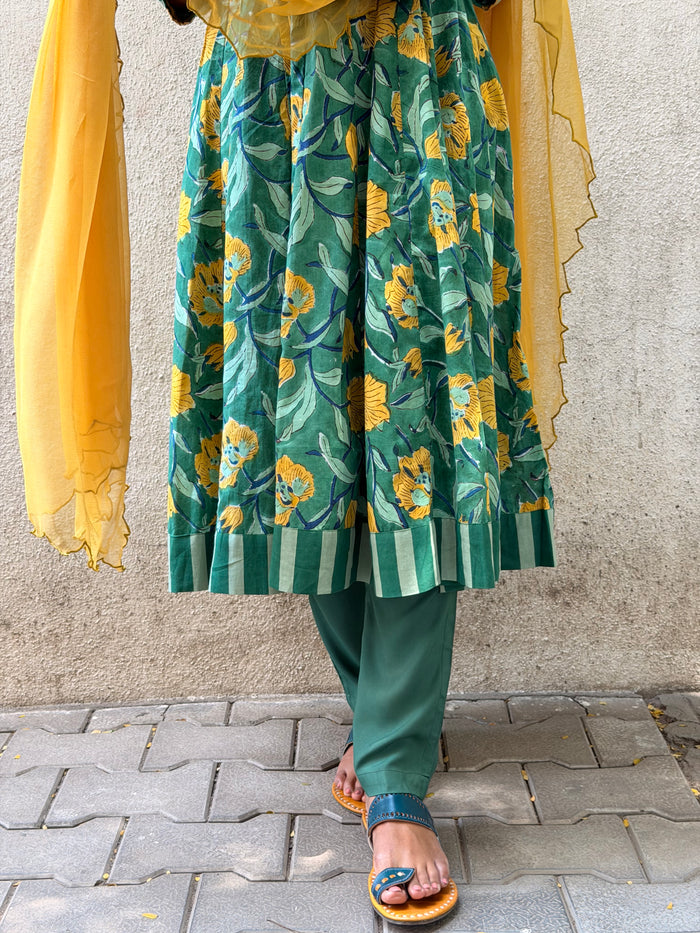 Green Floral Cotton Kalidar Set
