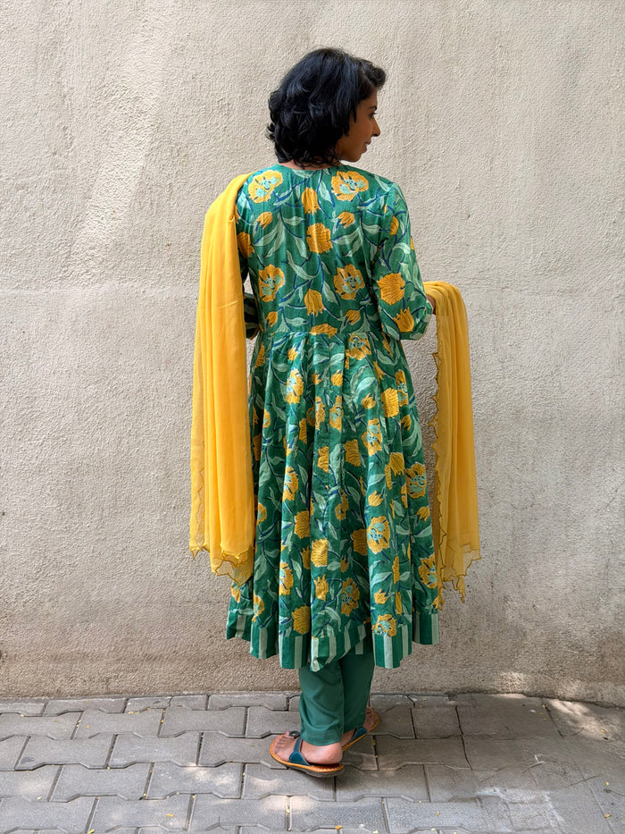 Green Floral Cotton Kalidar Set