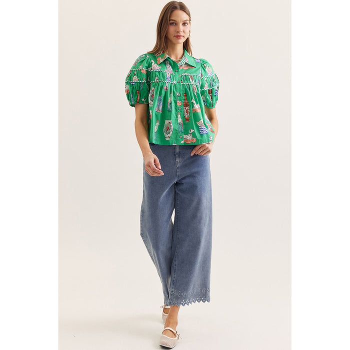 Green Novelty Print Puff Sleeve Top – Tiered Yoke Button Front Blouse 0389