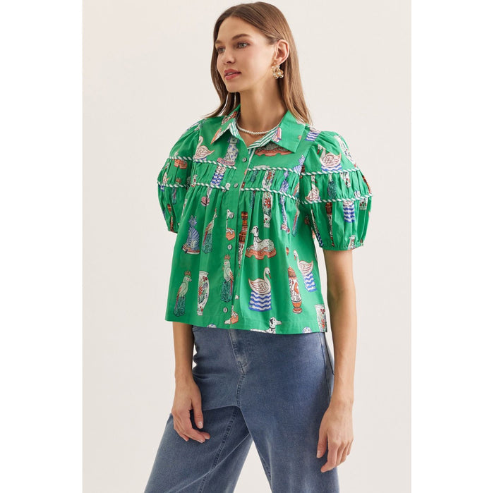 Green Novelty Print Puff Sleeve Top – Tiered Yoke Button Front Blouse 0389