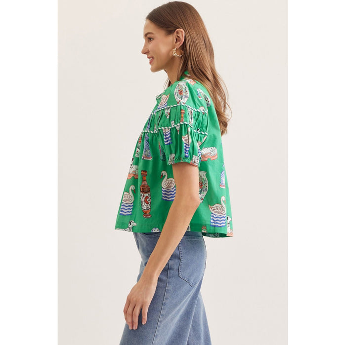 Green Novelty Print Puff Sleeve Top – Tiered Yoke Button Front Blouse 0389