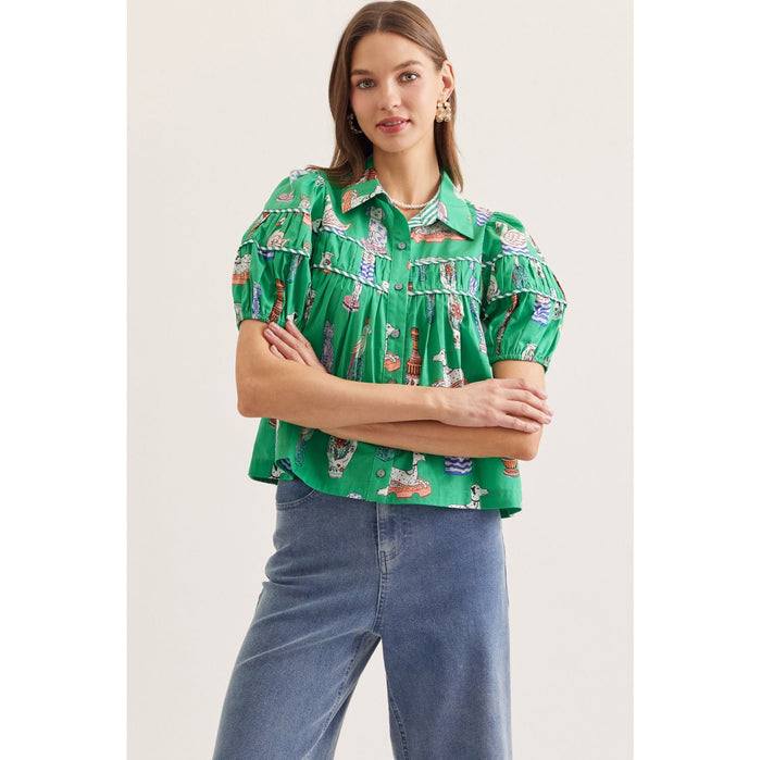 Green Novelty Print Puff Sleeve Top – Tiered Yoke Button Front Blouse 0389