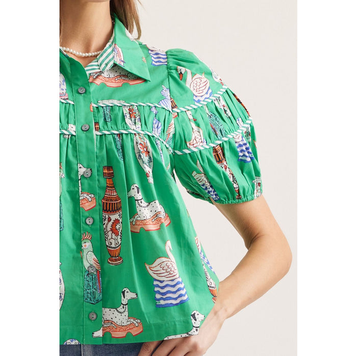 Green Novelty Print Puff Sleeve Top – Tiered Yoke Button Front Blouse 0389
