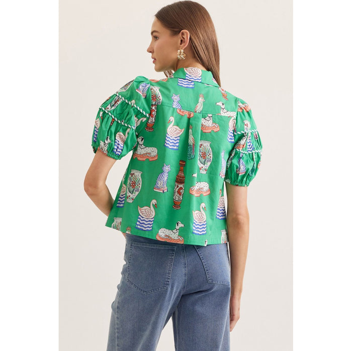 Green Novelty Print Puff Sleeve Top – Tiered Yoke Button Front Blouse 0389