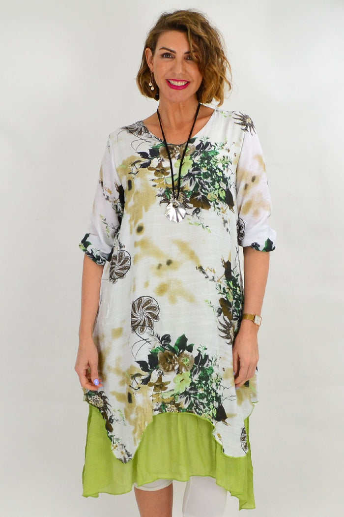 Green paisley layered tunic dress by I Love Tunics, featuring a flowy silhouette and vibrant pattern, shown on a model.