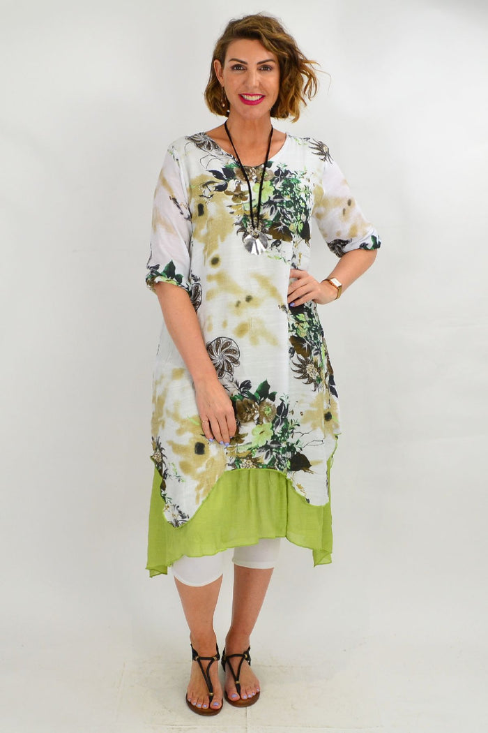Green paisley layered tunic dress by I Love Tunics, featuring a relaxed fit and bohemian style, shown on a mannequin.