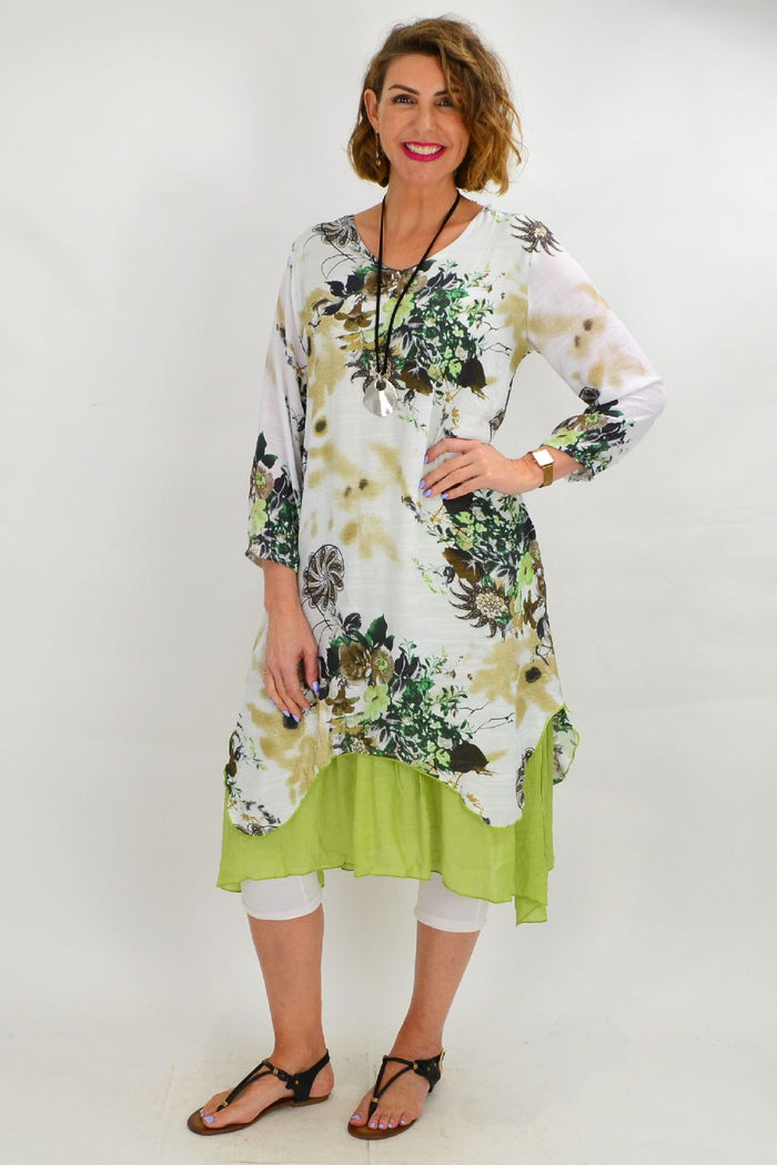 Green paisley layered tunic dress from I Love Tunics, featuring flowing fabric and intricate paisley pattern.