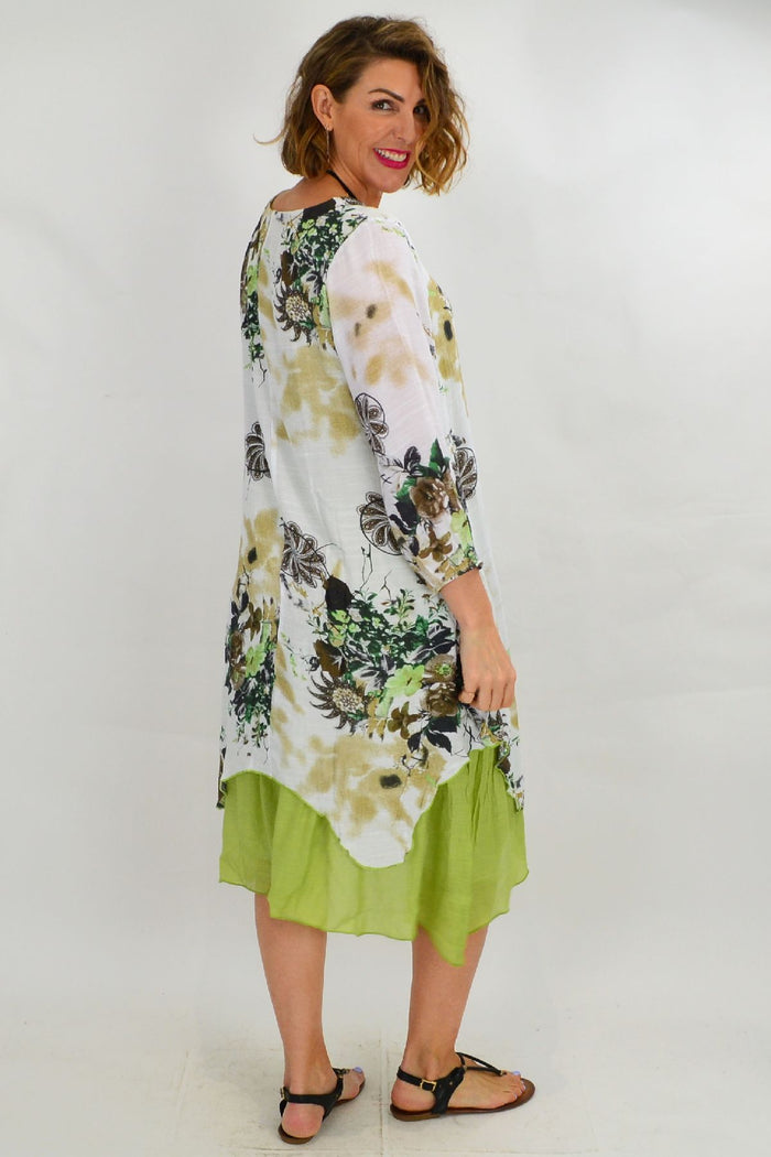 Green paisley layered tunic dress by I Love Tunics, featuring long flowy fabric and intricate paisley patterns.