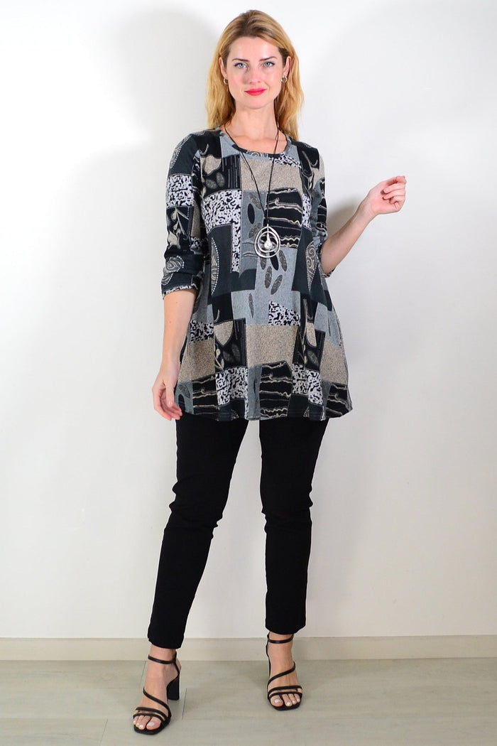 Grey abstract print fleece tunic top by Hourglass, featuring a cozy, fashionable design with a relaxed fit and artistic pattern.