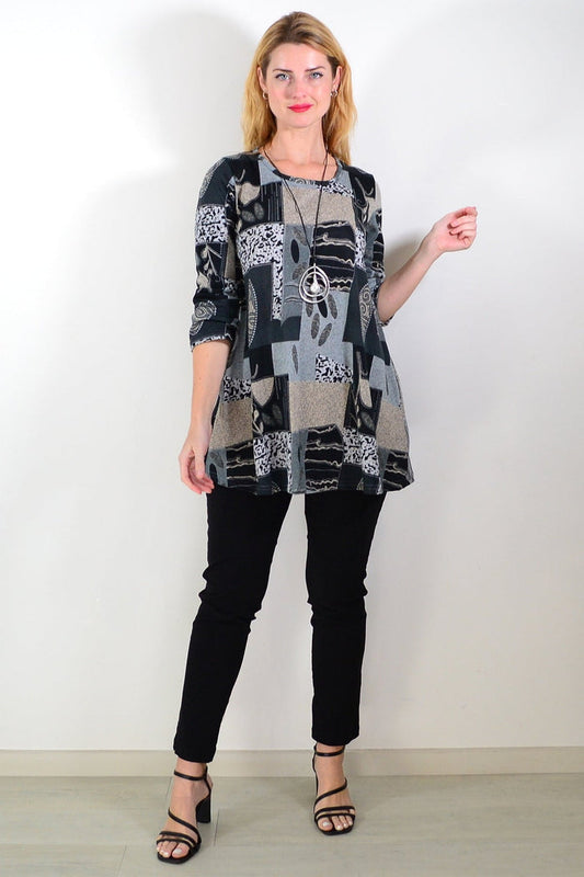 Grey abstract print fleece tunic top by Hourglass, featuring a cozy, fashionable design with a relaxed fit and artistic pattern.