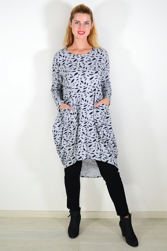 Grey floating leaf knit tunic top from I Love Tunics featuring a relaxed fit and textured fabric.