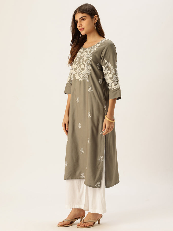 Grey Floral Embroidered Straight Kurta