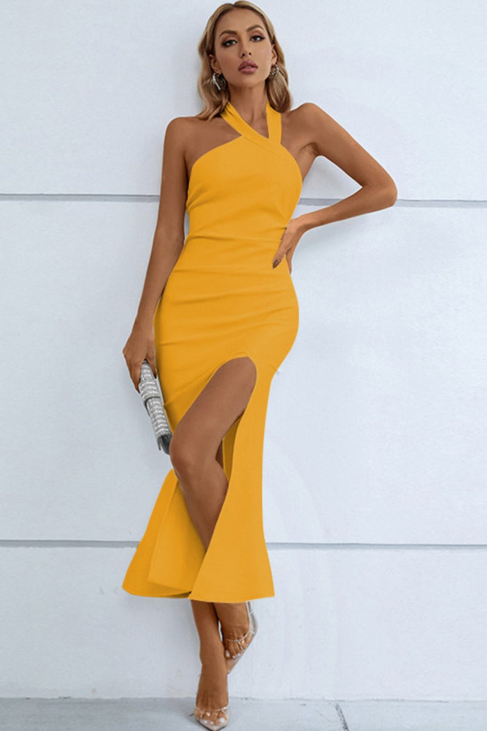 Halter Neck Split Fishtail Bodycon Dress - Madikfashions.com
