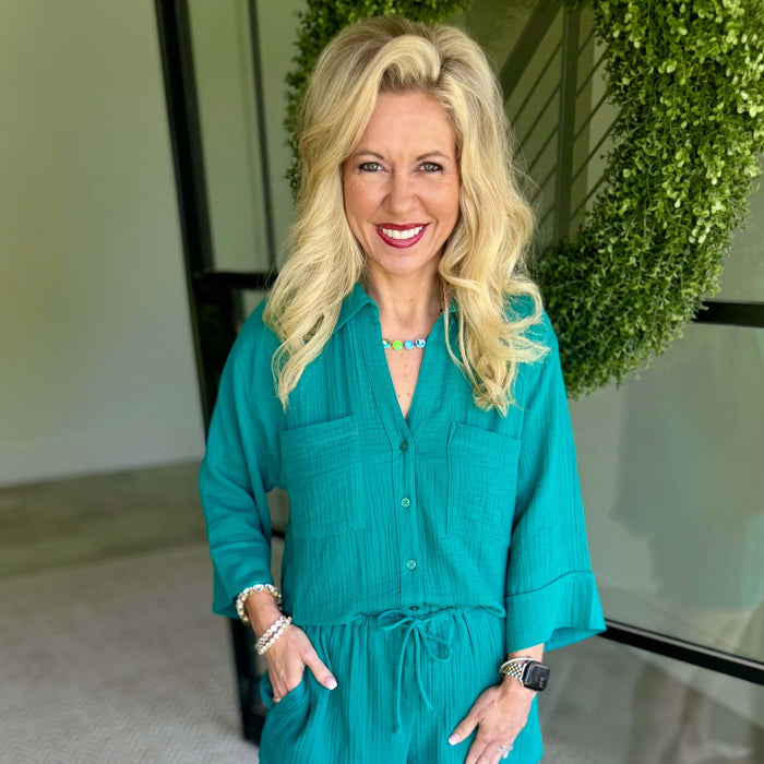 Helena Airy Gauze Button Up – Rainforest  (Pairs with Daylight Shorts)