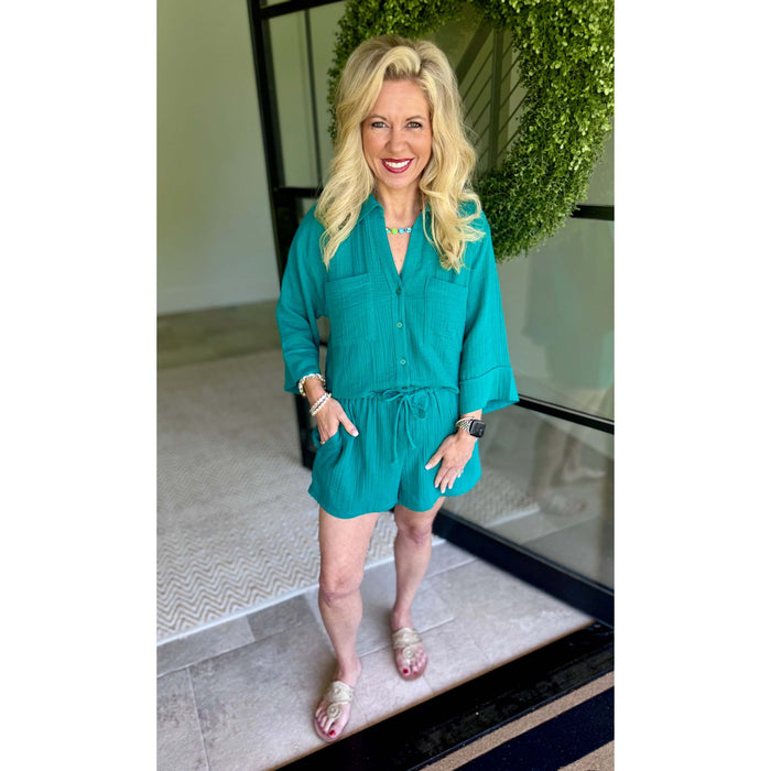 Helena Airy Gauze Button Up – Rainforest  (Pairs with Daylight Shorts)