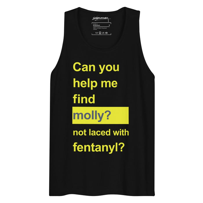 Help Me Find Molly Men's Tank - The inverted "molly?" text in midnight obsidian (#1A2230) set against the electric citron (#F0E941) rectangular block, mimicking a hazard warning label