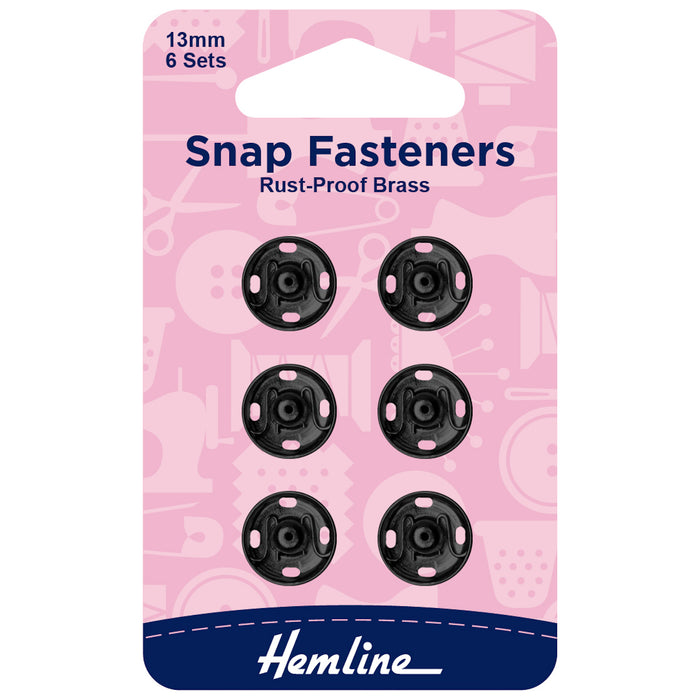 Hemline Snap Fasteners: Sew-on: Black: 13mm: Pack of 6 - Snaps