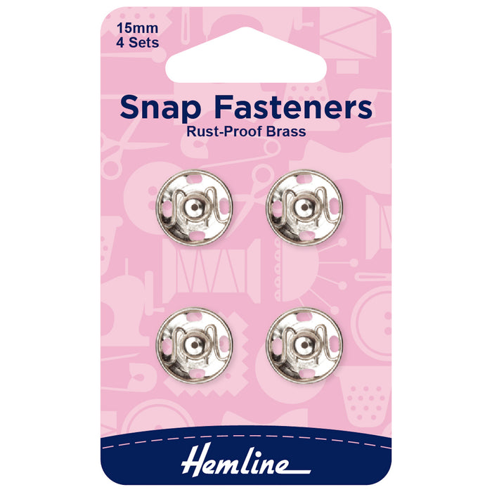 Hemline Snap Fasteners: Sew-on: Nickel: 15mm: Pack of 4 - Snaps