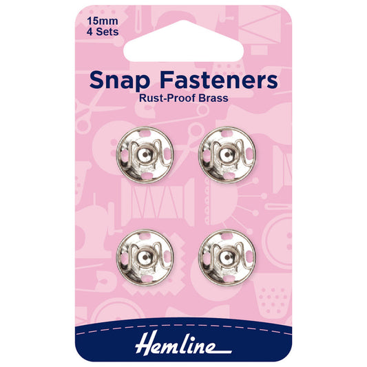 Hemline Snap Fasteners: Sew-on: Nickel: 15mm: Pack of 4 - Snaps