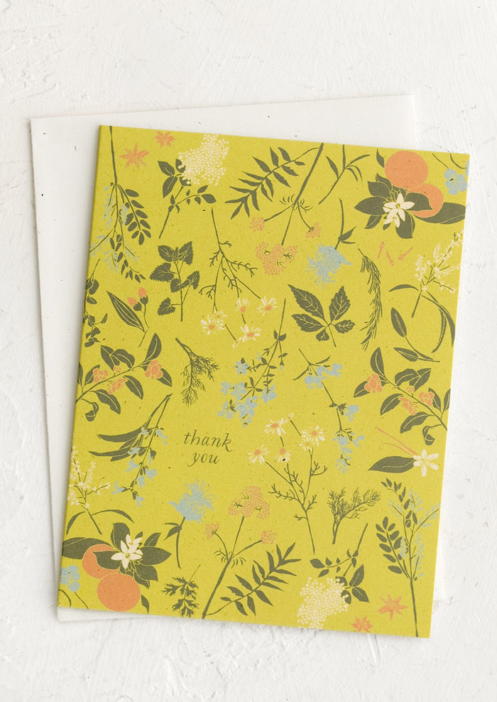 A chartreuse herb and floral print thank you card.