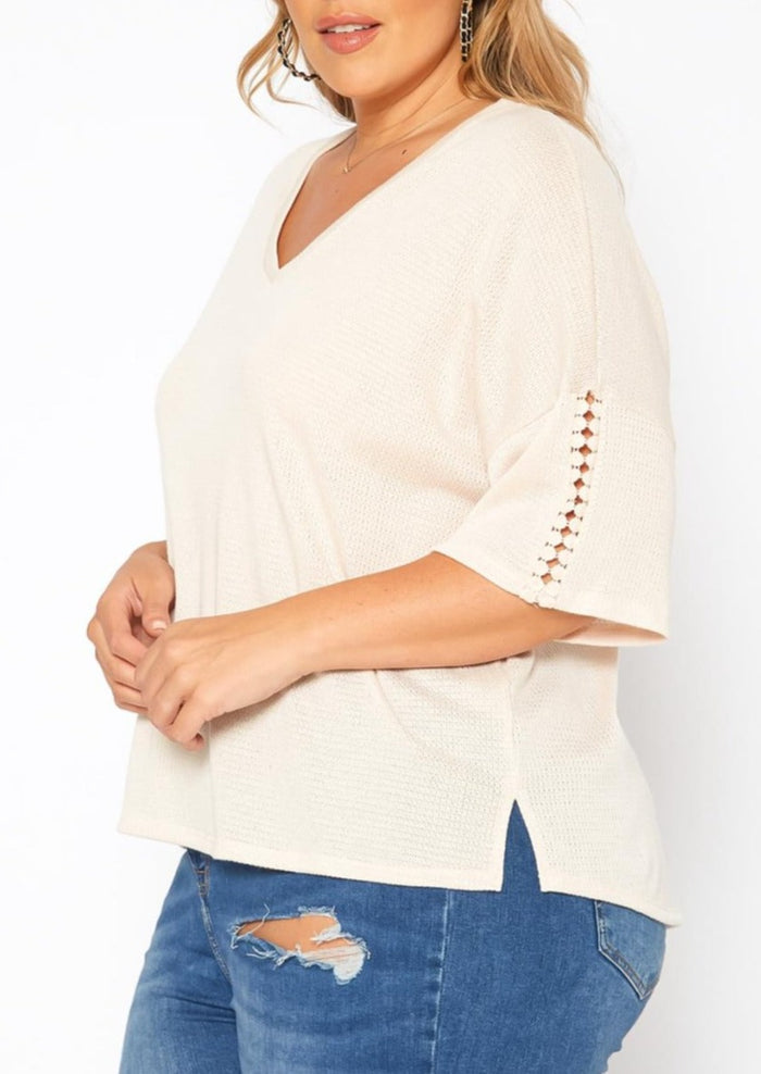 Hi Curvy Plus Size Comfy Knit V Neck T Shirt