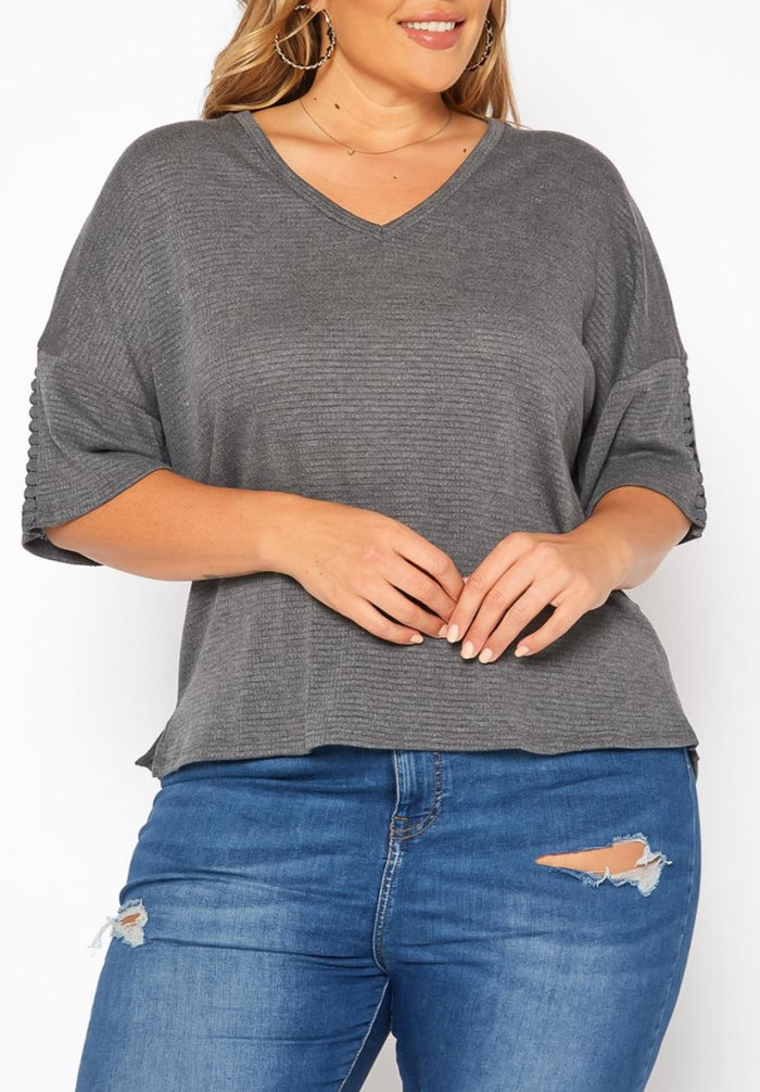 Hi Curvy Plus Size Comfy Knit V Neck T Shirt