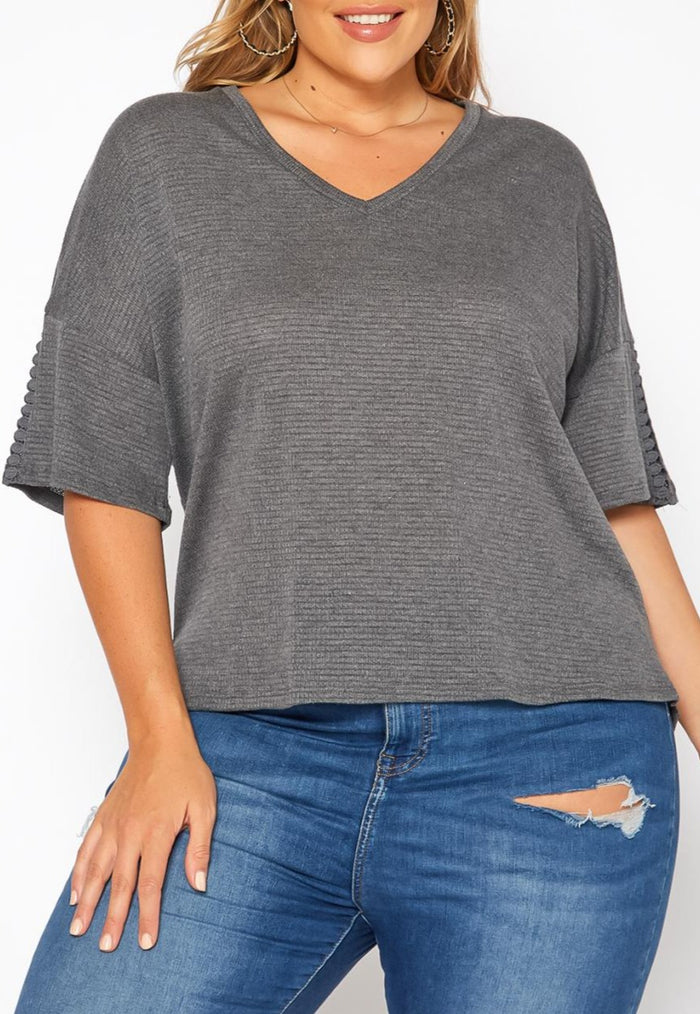Hi Curvy Plus Size Comfy Knit V Neck T Shirt