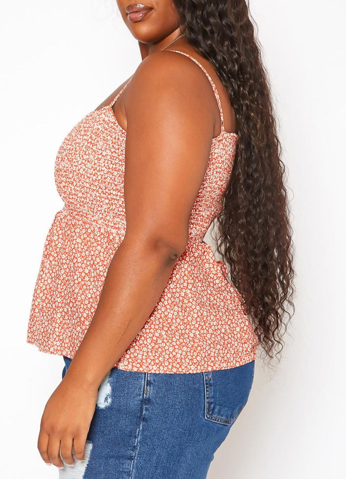 Hi Curvy Plus Size Women Dainty Floral Print Smocked Cami Top