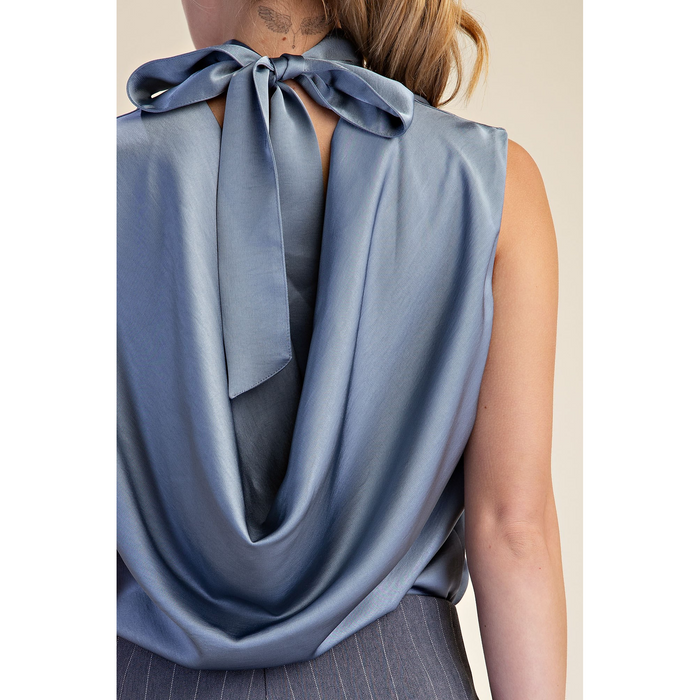 High Mock Neck Sleeveless Cowl Back Tie Top 8189 – Slate