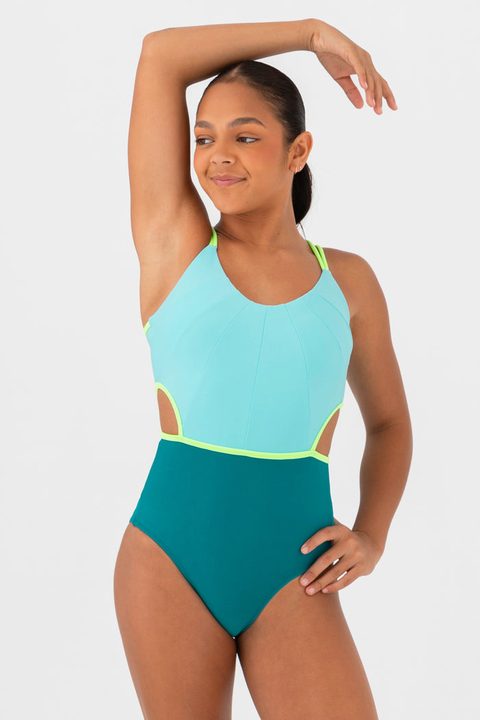 High Rotation Leotard in Maldives Blue by Every Turn - Up Close Detail View