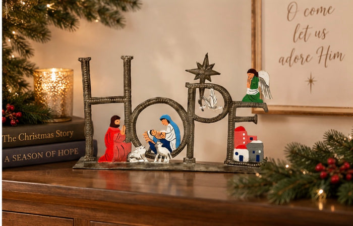 Hope nativity painted hand-hammered recycled steel drum Haiti 12 inch — fair trade Christmas display boutique