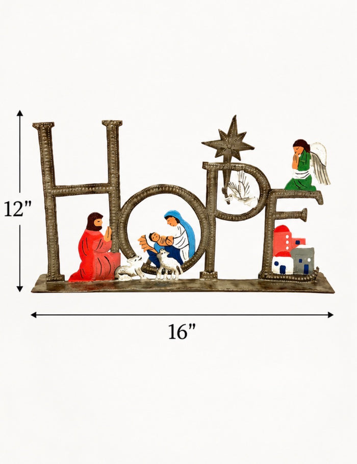 Haitian metal art hope nativity brushed steel painted — wholesale church gift shop faith retailer fair trade
