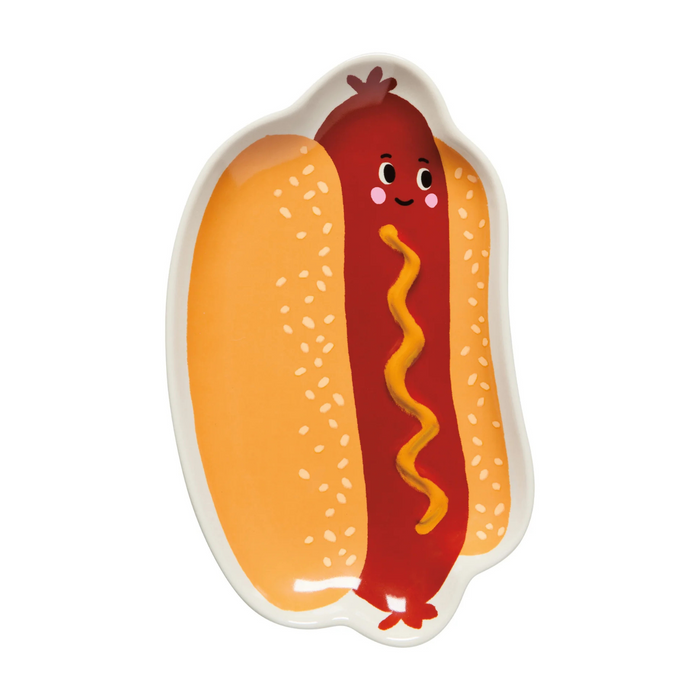 Hot dog-shaped plate with cartoon face on a white background