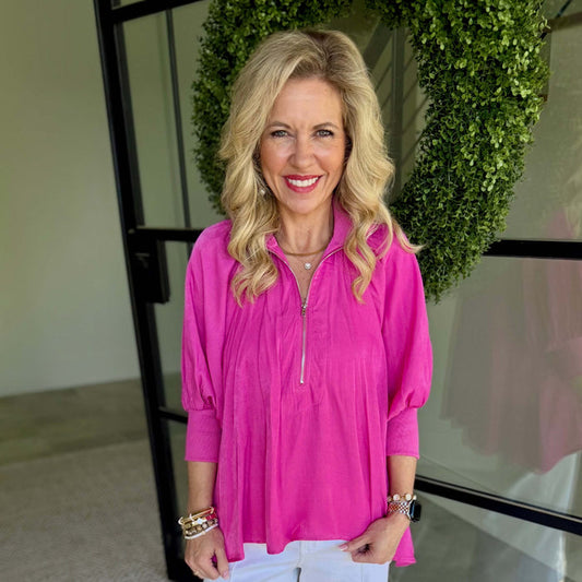 Hot Pink Half Zip Blouse – Mock Neck Puff Sleeve Top - 8080*