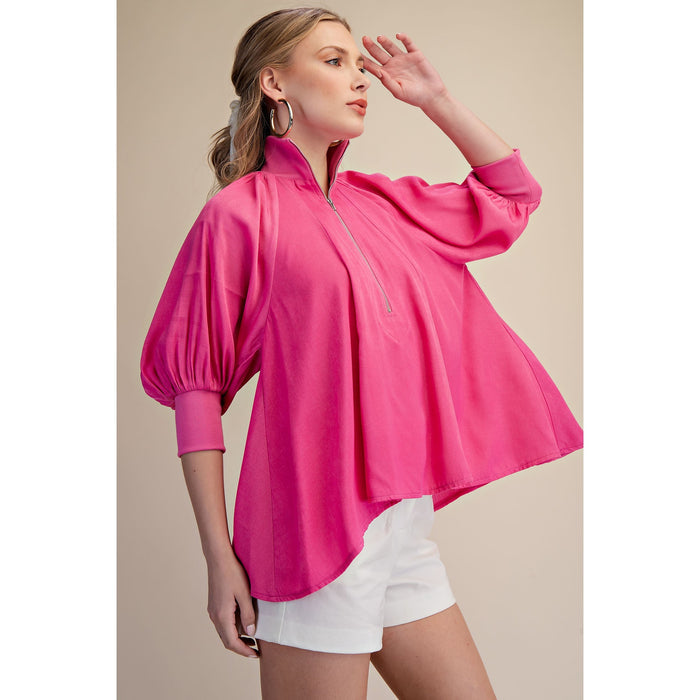 Hot Pink Half Zip Blouse – Mock Neck Puff Sleeve Top - 8080*
